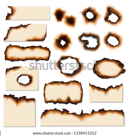 Paper burnt holes vector realistic set. Paper pages and sheet scraps with fire burned or scorched edges, sides and holes Royalty-Free Stock Photo #1338451052