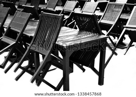 Outdoor Restaurant with wooden desk and chairs in park not open business, isolated on white background