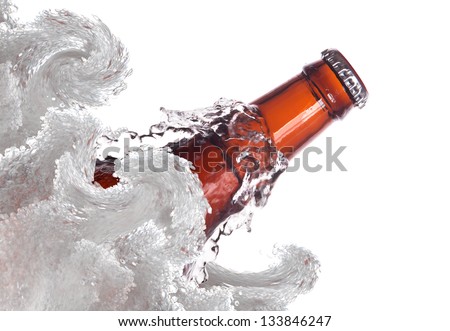 Bottle of beer with water splash, isolated on white background