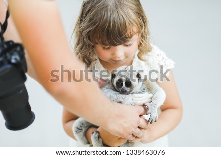 Making photo of exotic animals. Little girl with lory lemur in the zoo