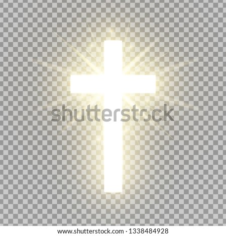 Shining cross isolated on transparent background. Riligious symbol. Glowing Saint cross. Easter and Christmas sign. Heaven concept. Vector illustration Royalty-Free Stock Photo #1338484928