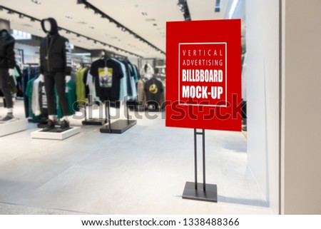 Mock up horizontal signboard with clipping path, perspective signage blue screen with white frame empty space to insert text, picture for promotion in fashion shoes shop at shopping mall
