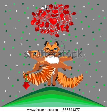 Two red squirrels in love. One squirrel holds the other in his arms. Another squirrel holds a bunch of heart-shaped balloons in its paw. The action takes place on a green hill.