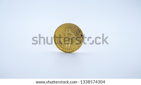 Physical metal golden Bitcoin currency on white background. New worldwide virtual internet money. Digital coin in cyberspace, cryptocurrency gold BTC. Good investment future of online payment