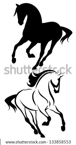beautiful running horse vector outline and silhouette - black and white illustration