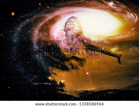 Silhouette of woman on space background.