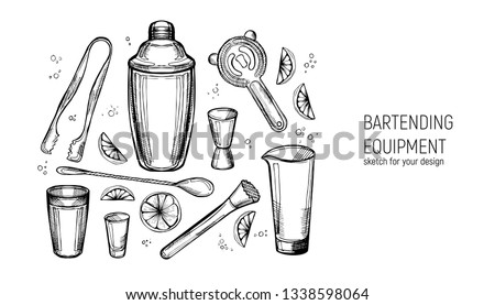 Bartending Equipment set. Shaker, jigger, spoon, mixing glass, muddler, Strainer, ice tongs. Hand drawn sketch. Royalty-Free Stock Photo #1338598064