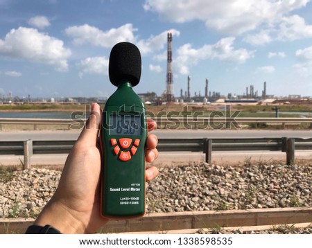 Noise monitoring using sound level meter at a flare area at a refinery Royalty-Free Stock Photo #1338598535