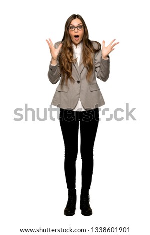 Full-length shot of Business woman with surprise and shocked facial expression on isolated white background