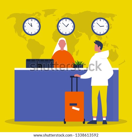 The reception desk. Airport check in. Hotel lobby. Service. Flat editable vector illustration, clip art