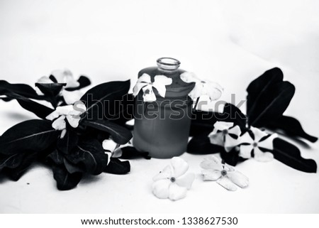 White colored flowers along with leaves and essential herbal detoxifying oil in a glass bottle isolated on white.