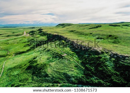 Aerial image of Head-Smashed-In Buffalo Jump Provincial Park, Alberta, Canada