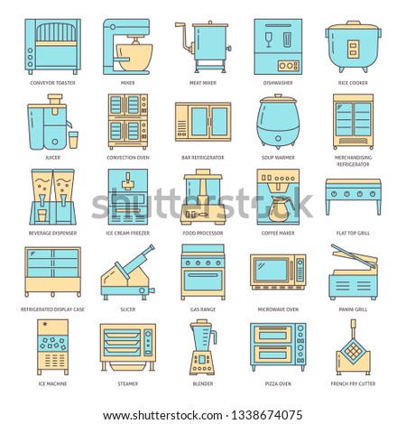 Restaurant kitchen equipment icon set in line style. Commercial cooking appliances symbols collection. Vector illustration with editable stroke.