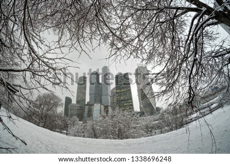 Moscow-city under snowfall, Russia