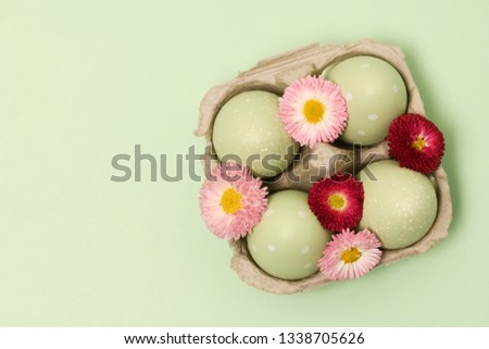 decorated easter eggs on a green background