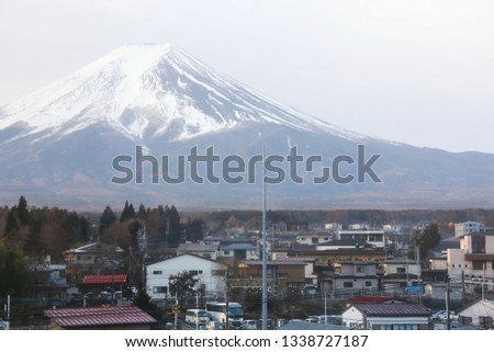 Cityscape of Kawaguchiko town and Fuji mountain in winter season at Lake Kawaguchiko, Yamanashi, Japan