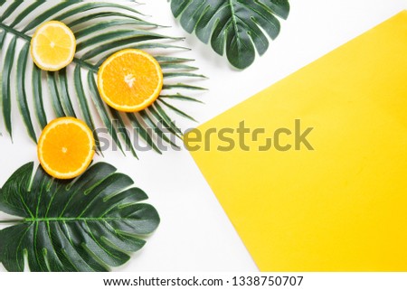 Creative hipster tropical leaves and orange fruit background with copy space on bright background. Tropical concept.
