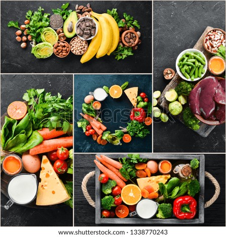 Photo collage. The concept of healthy eating. Fruits, vegetables, seafood and meat.