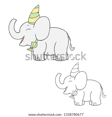 Cute elephant with a bow tie and a party hat on the white background, coloring character, isolated vector safari animal, children cartoon illustration, element for greeting card, invitation, birthday