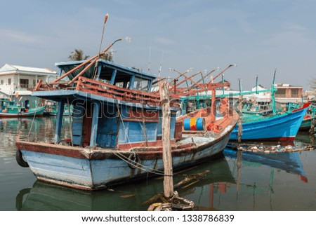 Fishing boats on harbor in the river of Ham Ninh, picture from Phu Quoq Island, Vietnam.