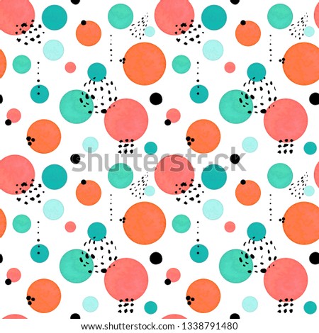 Childish Seamless Pattern of Circles in Watercolor Style and Black Dots