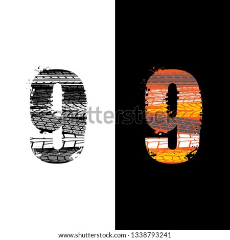 Two grunge number 9 with tire tracks isolated on differennt backgrounds