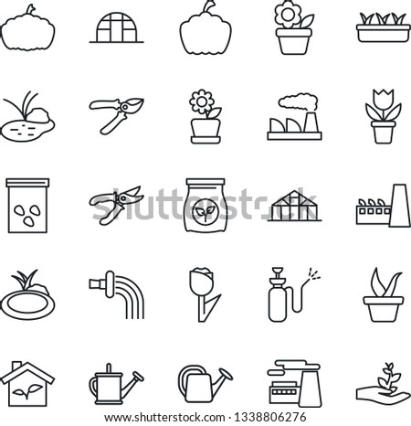 Thin Line Icon Set - factory vector, flower in pot, seedling, watering can, pruner, pumpkin, greenhouse, seeds, pond, garden sprayer, fertilizer, tulip, eco house, palm sproute
