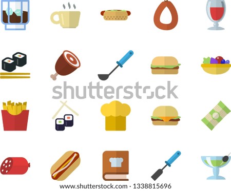 Color flat icon set cook hat flat vector, ladle, kitchen spatula, cookbook, spaghetti, sausage, hamburger, hot dog, salad, ham, French fries, fish rolls, wine, whiskey, coffee, cocktail fector