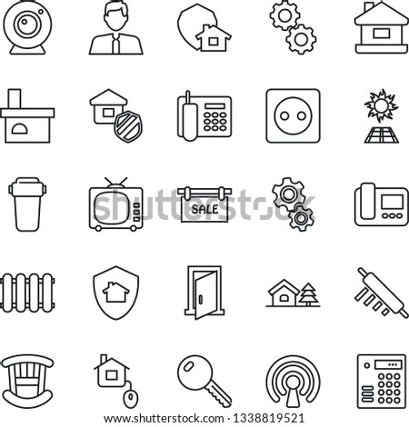 Thin Line Icon Set - fireplace vector, tv, office phone, house, with tree, sale, estate agent, key, children room, insurance, rolling pin, home control, socket, wireless, web camera, intercome, gear