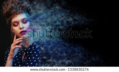 Portrait Girl With  Makeup. Beautiful Woman Make up Concept Art Creative Effect Dissolving Face Into Pieces