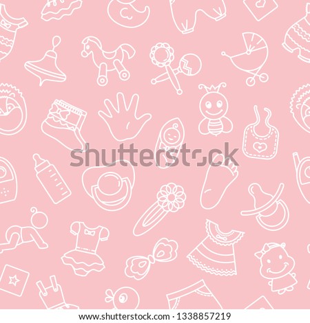 Seamless pattern of children toys and various children elements in pink. The pattern consists of linear children icons.