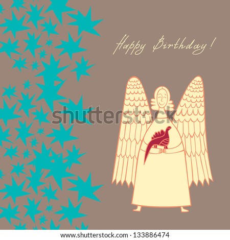 greeting card with an angel holding a dinosaur on a background of stars
