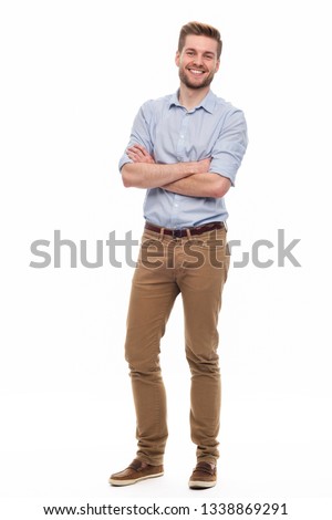 Full length portrait of young man standing on white background Royalty-Free Stock Photo #1338869291