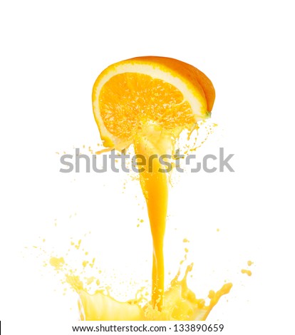 Orange juice splashing isolated on white background Royalty-Free Stock Photo #133890659