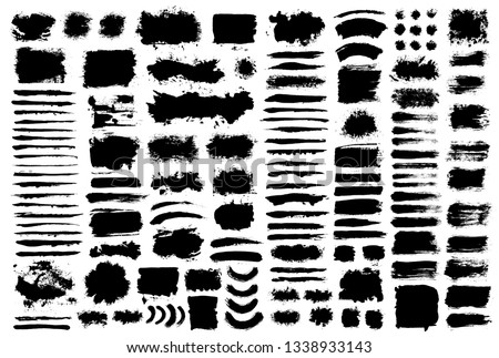 Brush strokes text boxes. Vector paintbrush set. Grunge design elements. Dirty texture banners. Ink splatters. Painted objects.
