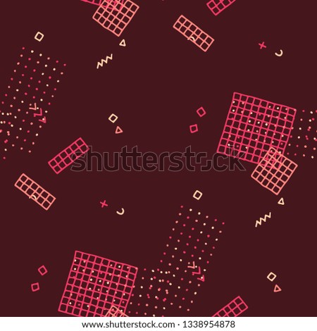 Retro Memphis Texture. Seamless Background for Wallpaper, Fabric, Swimwear in Trendy Style. Bright Geometric Pattern with Hand Drawn Scribble Elements. Colorful Triangles, Rings, Zigzags and Dots.