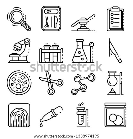 Forensic laboratory icons set. Outline set of forensic laboratory vector icons for web design isolated on white background Royalty-Free Stock Photo #1338974195