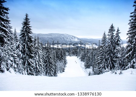 Winter season on a public mountain resort. Landscape, winter magic and ski slopes