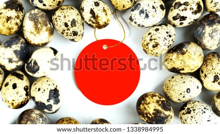 Red blank label with Easter eggs for design on white background. top view copy space. Easter holiday concept.