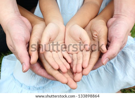 Close up open hands of man and woman and kid with palm up isolated on green grass background. Family together helping green environment protection harmony community and caring concept  Royalty-Free Stock Photo #133898864