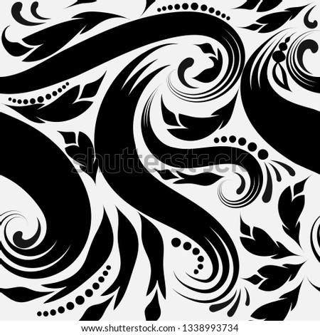 Black and white floral vector seamless pattern. Monochrome vintage ornamental background. Repeat decorative backdrop. Ethnic style vintage ornament with abstract flowers, leaves, shapes, lines, dots