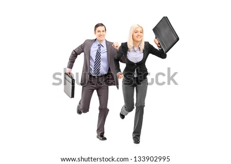 Full length portrait of a businesspeople with briefcases running isolated on white background