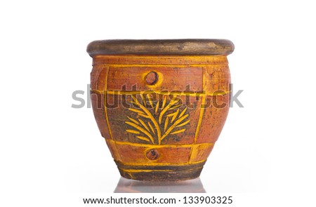 Empty brown flower pot made from wood, isolated on white background.