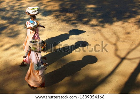 nun with pink robe,carying gods on her head going to temple 