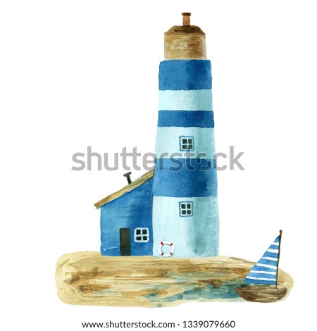 Set of the cute cartoon watercolor houses by the sea and trees, hand painted on a white background.