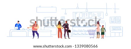 big grocery shop super market shopping mall interior customers buying products sales woman cash desk sketch flow style horizontal Royalty-Free Stock Photo #1339080566