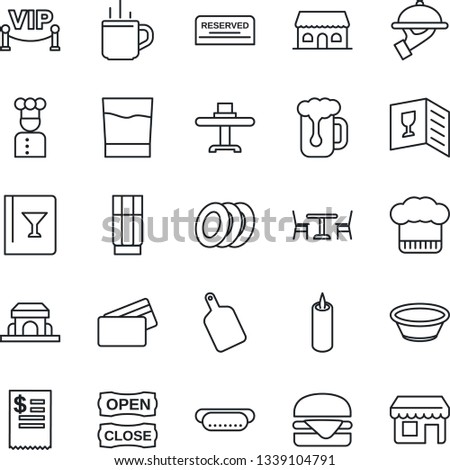 Thin Line Icon Set - hot cup vector, cafe, cook, restaurant table, hat, wine card, reserved, drink, beer, plates, waiter, building, candle, vip zone, open close, credit, receipt, hamburger, dog