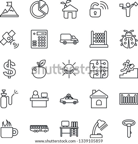 Thin Line Icon Set - dispatcher vector, airport bus, alarm car, dollar sign, desk, manager place, lady bug, house, garden sprayer, delivery, barcode, satellite, pie graph, abacus, lamp, coffee, chip