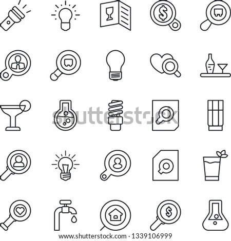 Thin Line Icon Set - document search vector, bulb, heart diagnostic, cargo, torch, water supply, estate, client, alcohol, wine card, drink, cocktail, phyto bar, energy saving, consumer, money, idea
