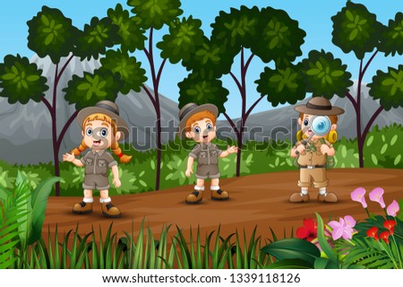 Cartoon a children exploring in the forest
